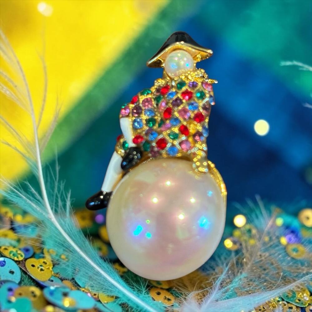 Harlequin Clown on Pearl Brooch Rhinestone Circus Kitsch 80s Statement Pin
